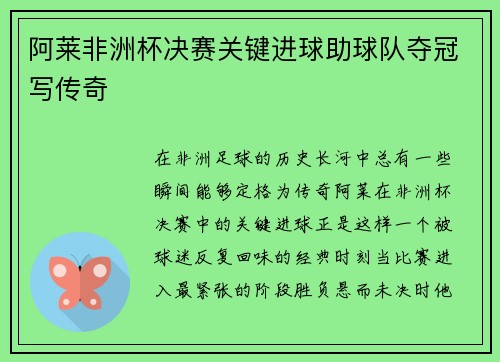 阿莱非洲杯决赛关键进球助球队夺冠写传奇